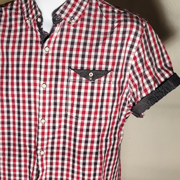 MBX Denim Wear Men's Short Sleeve Button Shirt Red/Blue Size M - Picture 2 of 16